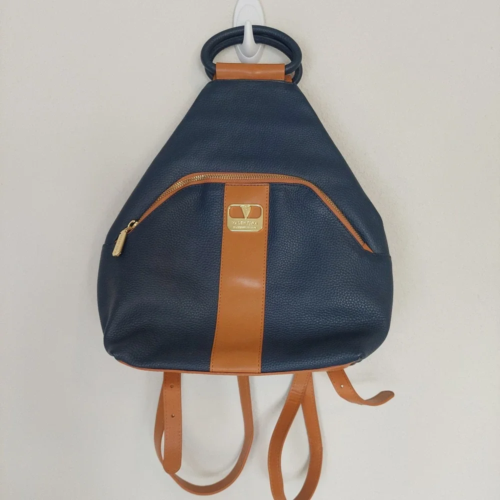 Valentina Italian Leather Navy Tan Convertible Backpack Purse Top Handle Bag